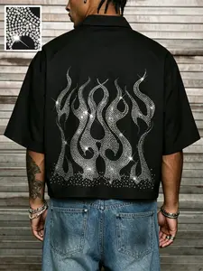 Hip Hop Rhinestone Flame Men's Shirt, Short Crop Top, Casual Streetwear, Fashion, All-Over Print Design, Perfect for Daily Wear, Menswear