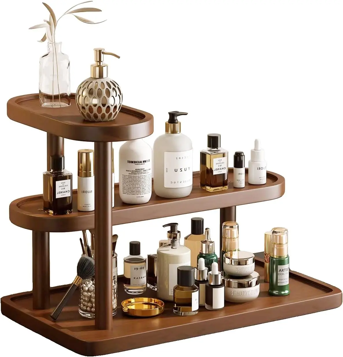 Wooden Display Organizer Stand,Perfume Organizer, Brown Pine Wood Vanity Organizer Display Storage for Cosmetics, Perfume, Plants, Tea Set, Open Design for Entryway/Living Room/Bathroom/Bedroom