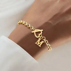 Gold Heart Initial Bracelet for Women, Stainless Steel O-Chain Toggle Clasp Jewelry, Personalized Letter Bracelet Gift for Mom & Friends