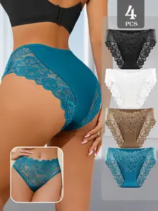 4-Pack Women's Stylish Patchwork Lace Briefs – Full Coverage, Semi-Sheer, Breathable, Lightweight, Silky Smooth, Anti-Roll Edge. Casual Elegant Panties for Everyday Wear, Sensual Gift, Romantic Date. Sizes S–XL. Limited-Time Deal