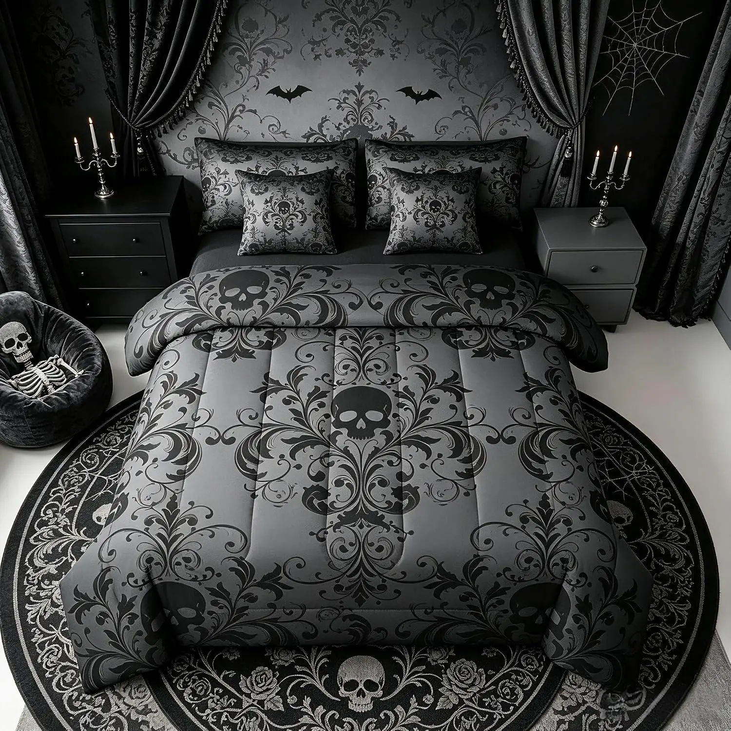 Jacquard Comforter Set Black Damask 7 Pcs Bedding and Adults Sugar Skull Bed in a Bag Bed Sheet Sets with Fitted Sheet Pillowcases Bedroom Bed Decor
