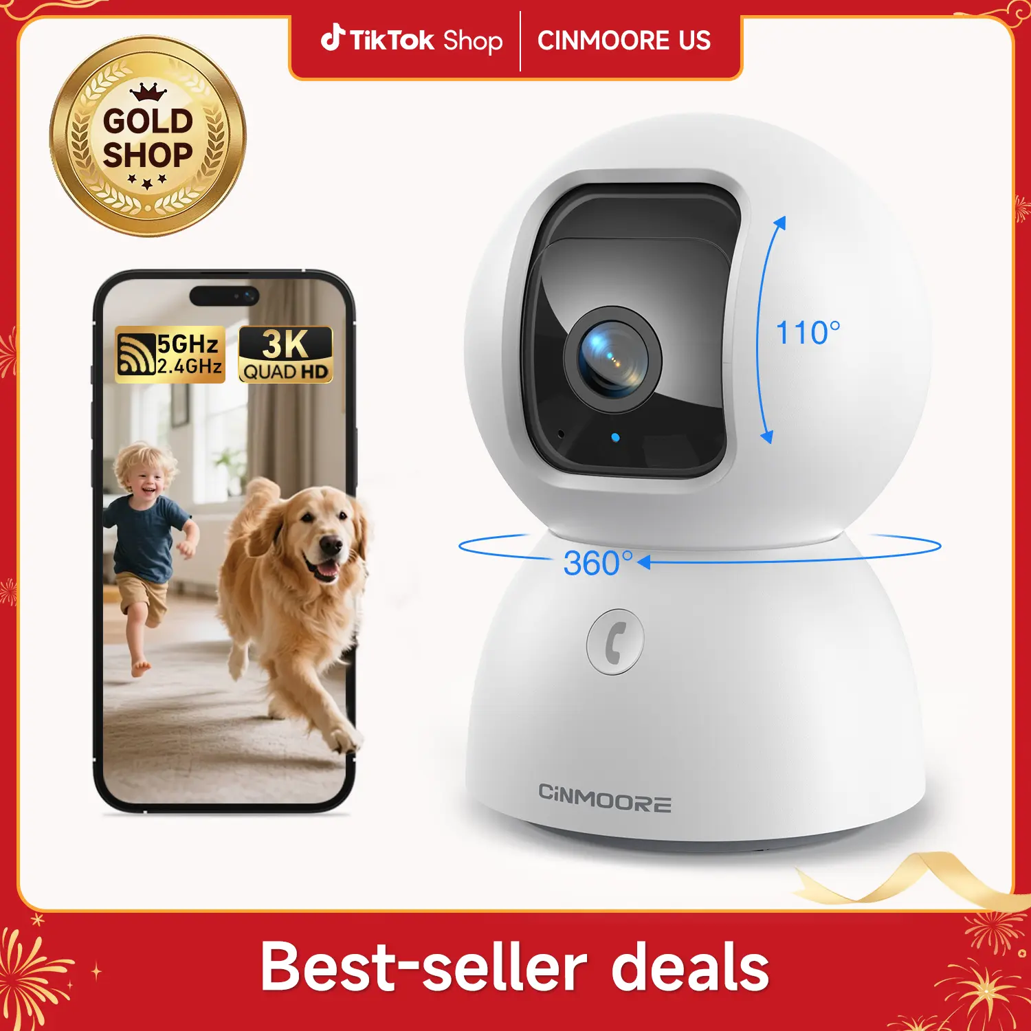 【TIME-LIMIET SALES】CINMOORE 5MP/3K With 64GB Storage Card pet camera WiFi Indoor Security Camera 360° AI Motion Detection Two-Way Audio Night Vision Clear Monitoring Recording baby monitoring cameras for home 360 camera mini camera Sd