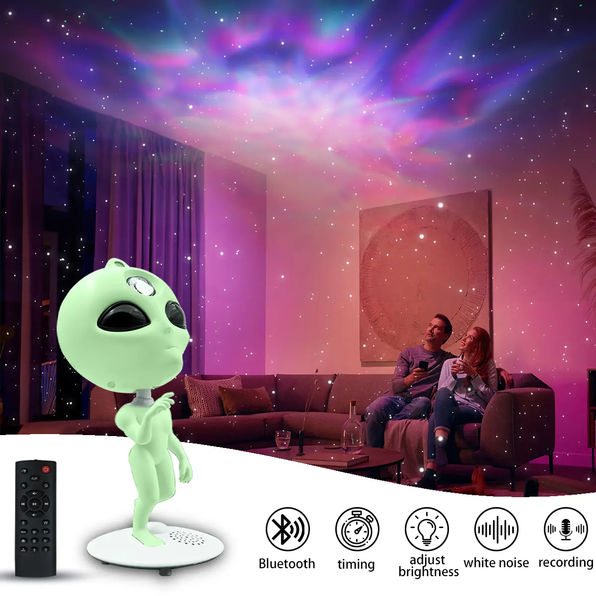 Alien UFO Star Projector, 4-Color Nebula LED Lights, Bluetooth 5.0, 8 White Noise Sounds, Voice Recorder, Timer, Cool Gadgets for Kids' Bedroom, Room Decor, House Decor