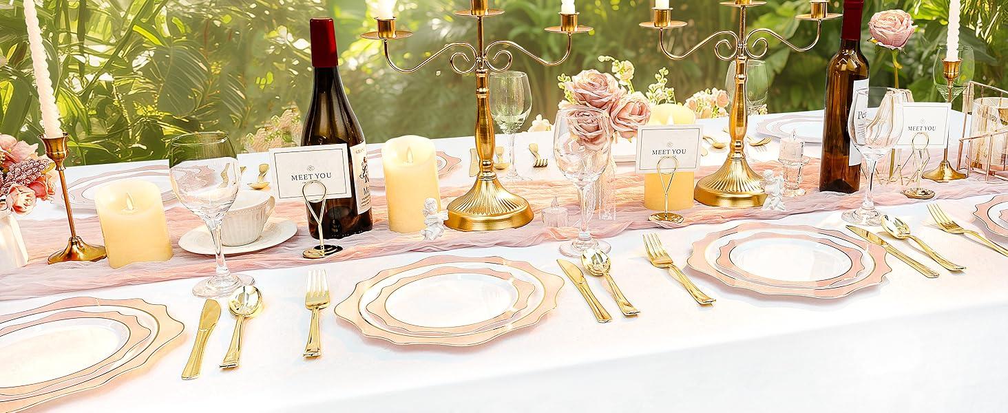 50 PCS White and Pink Disposable Plates for 50 Guests, Scalloped Plastic Plates, Dinner Plates, Dessert Plates for Party, Wedding and Graduation