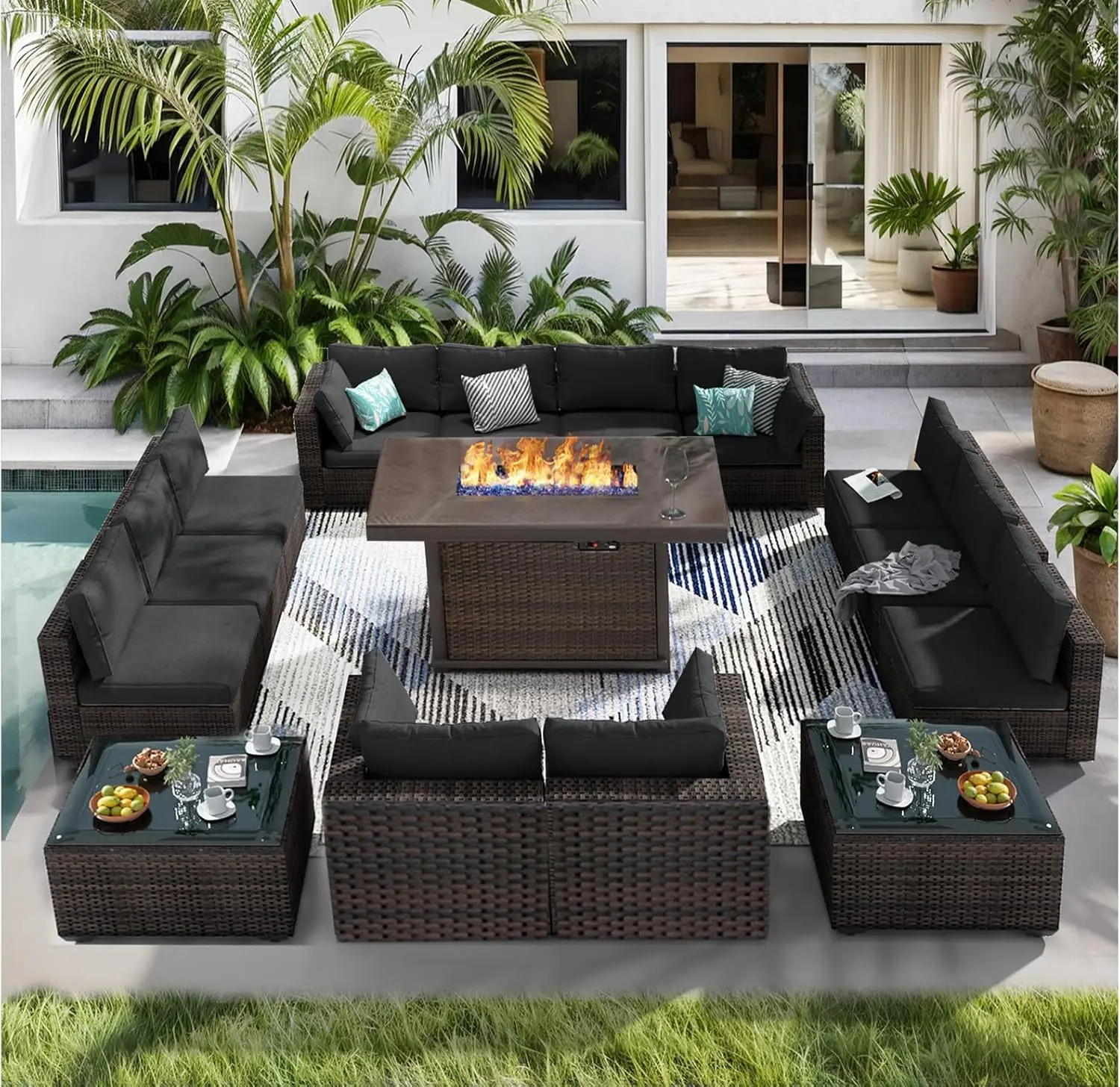 15 Pieces Patio Furniture Set with 44" Fire Pit Table,Rattan Outdoor Sectional Conversation Sets,All Weather Outdoor Furniture Set with Cushions for Garden Lawn Balcony Porch Deck homeessentials