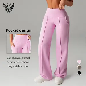 Women's High-Waisted Wide-Leg Yoga Pants Slimming Height-Boosting Side Pockets Smooth Wrinkle-Resistant Fabric Perfect for Work & Workout