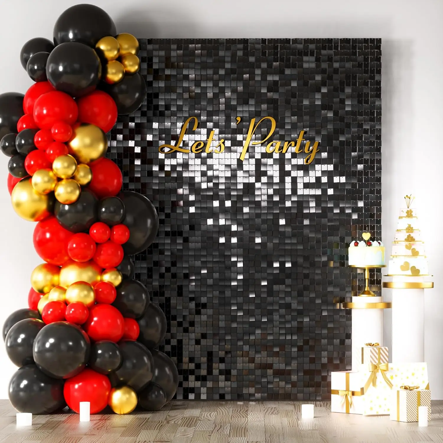 Stable PVC Shimmering Black Square Sequin Backdrop Square Panels Kit, Party Decor Banners with Hanging Accessories, for Weddings - 24/30/36/49 Panels Available