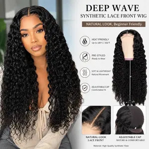 1-piece- Available in multiple lengths and colors - Deep wave synthetic lace front wig, glue-free, pre-plucked hairline, beginner-friendly