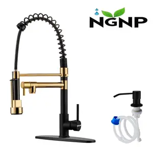 NGNP Kitchen faucet with pull-down spray, single handle double outlet commercial kitchen sink faucet, solid copper body, compatible with deck 1 or 3 holes sprayer black steel high arc Out Modern Decorative