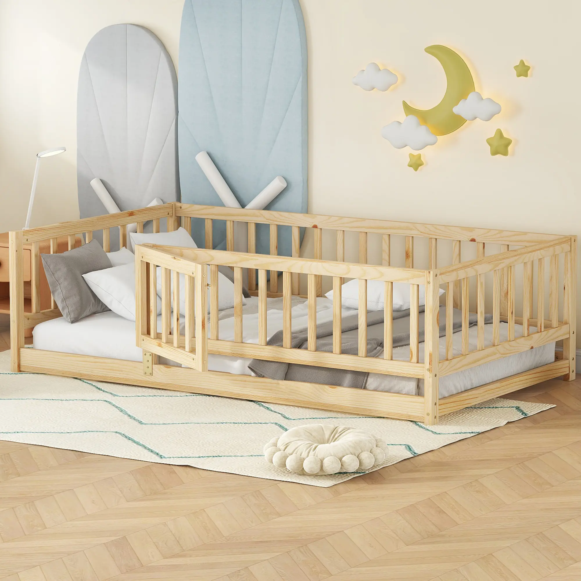 Bellemave Twin Size Montessori Floor Bed - Oak and Pine Wood Frame with Slats, Ergonomic Safe Sleep Toddler Bed, Easy Assembly, Safe Sleep Bed