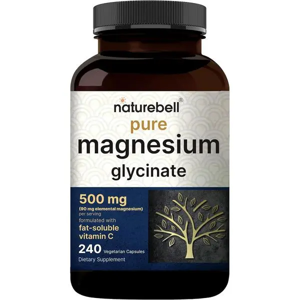 NatureBell Pure Magnesium Glycinate Capsules, 500mg Per Serving, 240 Veggie Capsules - 100% Chelated Purified Supplement for Adults, 3rd Party Tested, Vegan, Non-GMO, Filler-Free