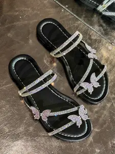 Women's Fashionable Butterfly Decorated Slide Sandals, Casual Comfortable Flat Sandals for Daily Wear, Trendy All-match Shoes for Women & Girls, Footwear Strap Slides, PU Leather Slides, Summer