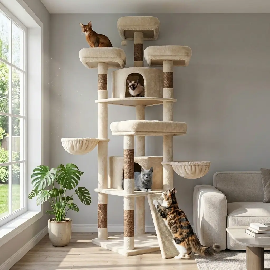 Deskat 80 Inch Cat Tree for Large Cats, Two Condos, Hammocks, with Sisal Posts