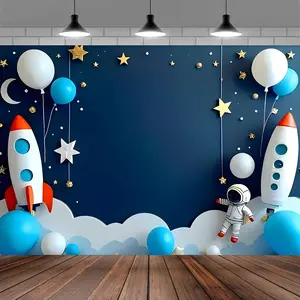 Space Theme Background Cloth with Astronaut and Rocket Design, Polyester Banner for Birthday Party Anniversary Wedding Space Party