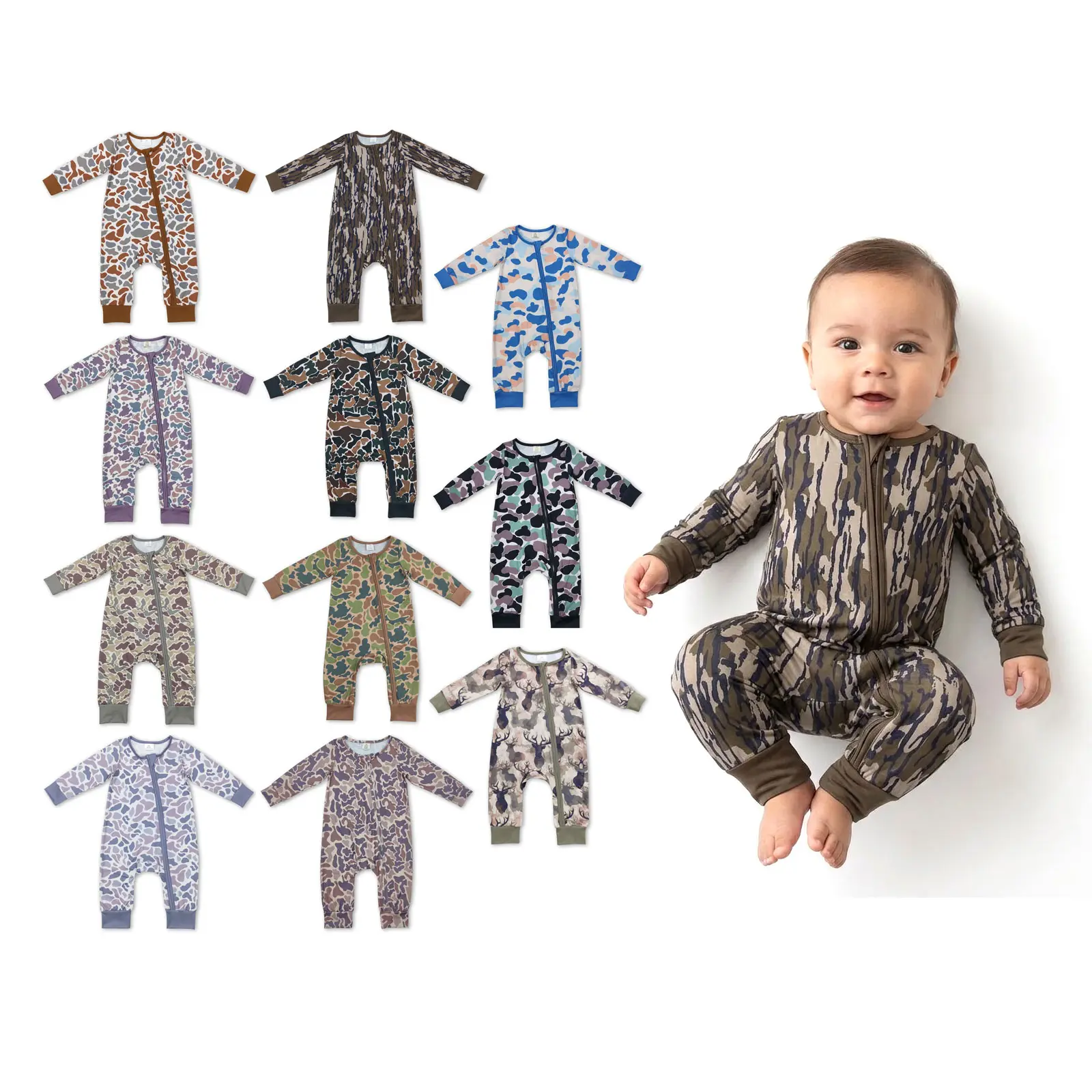 Unisex Cotton Blend Stretchy Fabric Camo Bodysuit - Long Sleeve Zip-Up Romper, Infant Outfit, Toddler Onesies, Adorable Print Clothes for Play, Naps
