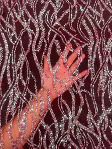 Red/Silver Wave Design Glitter Lace Mesh