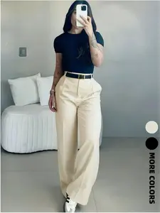 Women's Plain Basic High-Waist Elegant Casual Business Pants, Suitable for Office and Daily Wear, All-Season Commuter Trousers