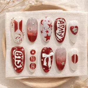 Sarahmarket Red White Celebration Press-On Nails, Hand-Painted Star Ribbon & Abstract Details, Glossy Gradient Finish, Festive Party Nail Art, Bold Cute Aesthetic, Custom Handmade Gift Idea