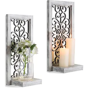 Set of 2 White Mirrored Decorative Wall Candle Holders, Farmhouse Wall Candle Sconces, Washed White Candle Decor for Small Vase Tealight Pillar Candles