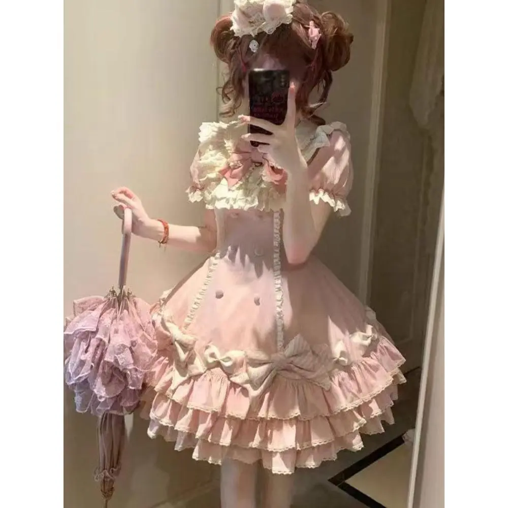 2025 Japanese Kawaii Sweet Lolita Princess Dress Women Pink Y2k Bow Lovely Slim Dresses Female Korea Style Design Chic Outfits