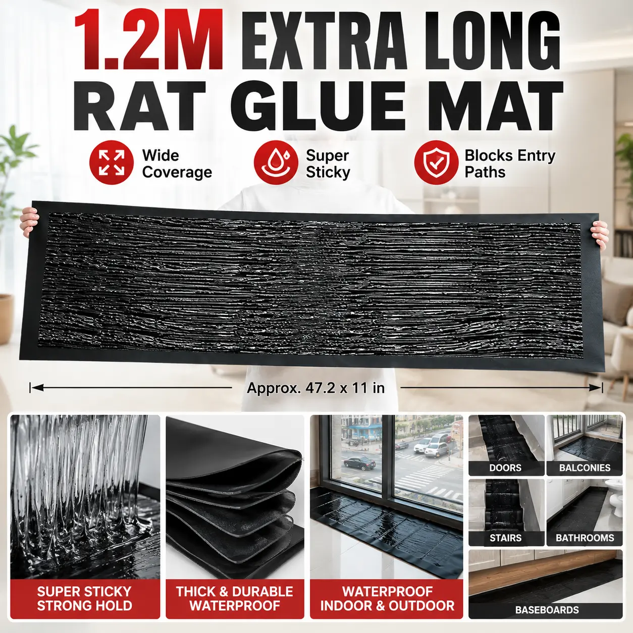 Extra Long Rat & Mouse Glue Trap Mat, 47.2 x 11 Inch Large Sticky Rodent Trap, Heavy Duty High-Tack Mouse Catcher Pad, Waterproof Pest Control Mat for Home, Garage, Kitchen, Basement & Entryways