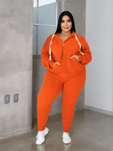 【Plus Size】 Two-Piece Set Solid Zip Up Hooded Sweatshirt & Drawstring Waist Pants, Casual Long Sleeve Hooded Sweatshirt & Pocket Trousers for Daily Wear, Women's Two-piece Outfits for Fall & Winter, Clothing Sets