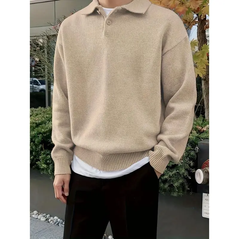 Men's Casual Plain Knit Polo Sweater, Long Sleeve Loose-Fit Pullover Knitwear for Fall and Winter