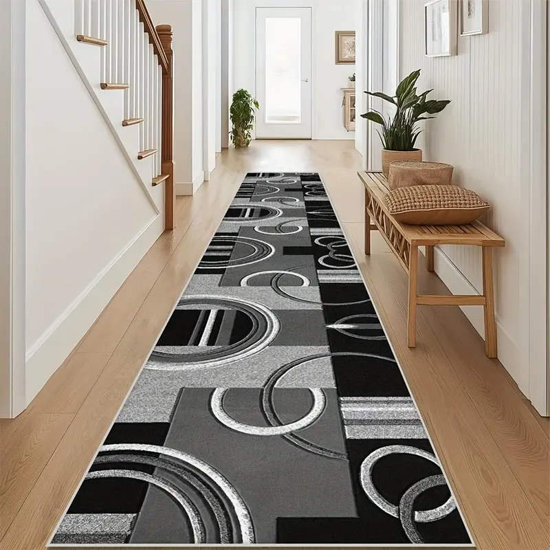 Modern Abstract Circle Geometric Runner Rug, Soft Velvet Non Slip Long Kitchen Rug, Washable Low Pile Floor Carpet, Grey Black Circle Pattern Area Mat for Entryway, Hallway, Farmhouse Home Decor