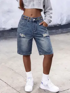 Summer Women's Loose Fit Jeans Shorts, Vacation Style, Casual Design, Solid Color, Washed Effect, Trendy Ripped, Adjustable Waist