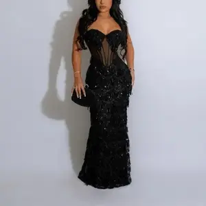 Women’s formal basic black sequined party dress with fashionable suspenders and an A-line skirt