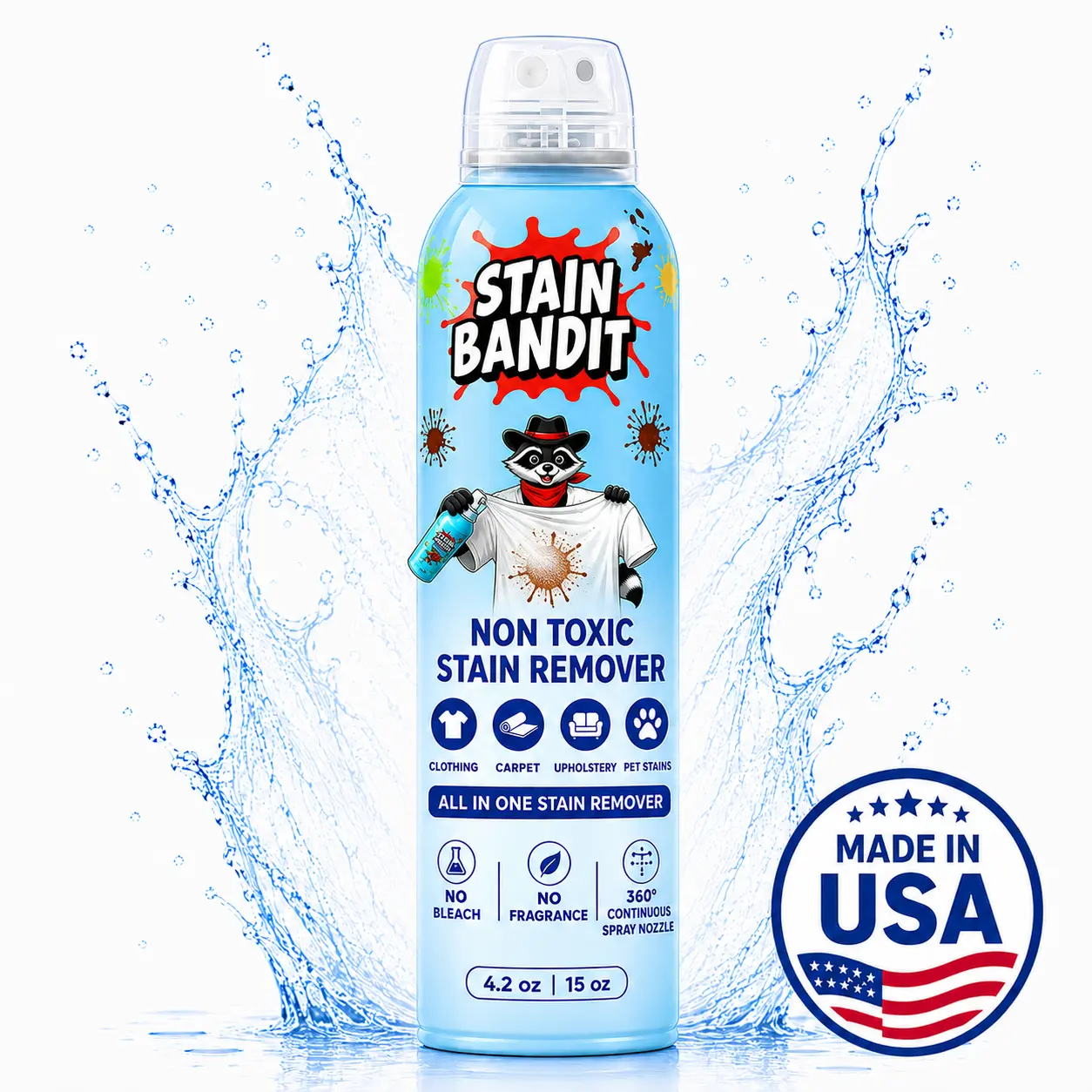 Stain Bandit Non-Toxic Stain Remover Spray | Baby Safe Fabric Stain Remover for Clothes, Carpet & Upholstery | Removes Coffee, Wine, Grease & Pet Stains | Fragrance-Free | Made in USA