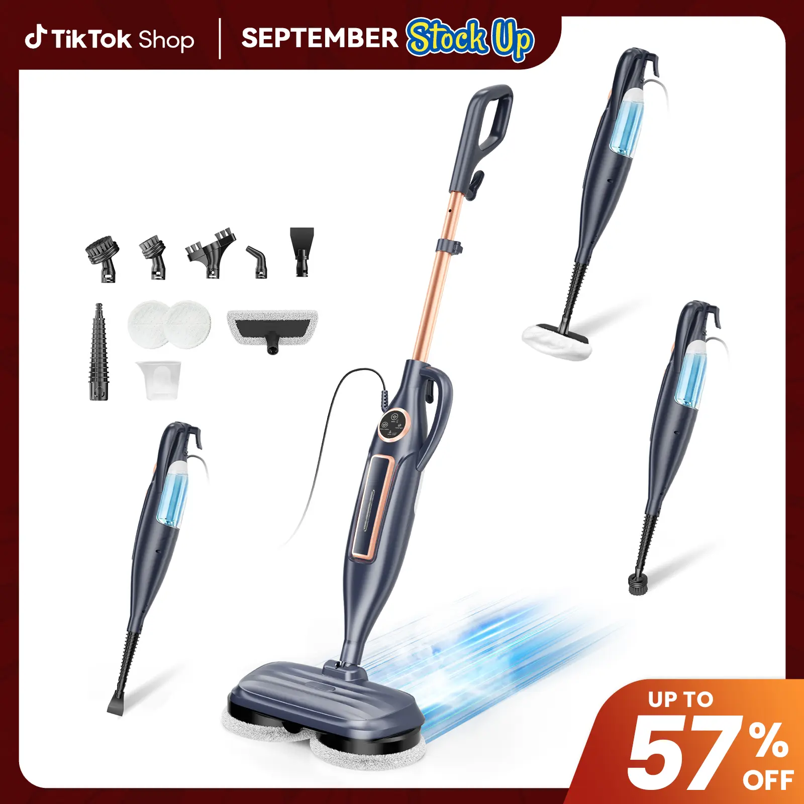 [BackToSchool] DEVOAC 10-in-1 Rotating Disc Electric Steam Mop, Lightweight Cleaner with Curved Brush, Cable, Spin Wringer & 3 Vapor Levels, Ideal for Adults' Wood, Laminate & Marble Floor Mopping, Steam Cleaner, Multifunctional