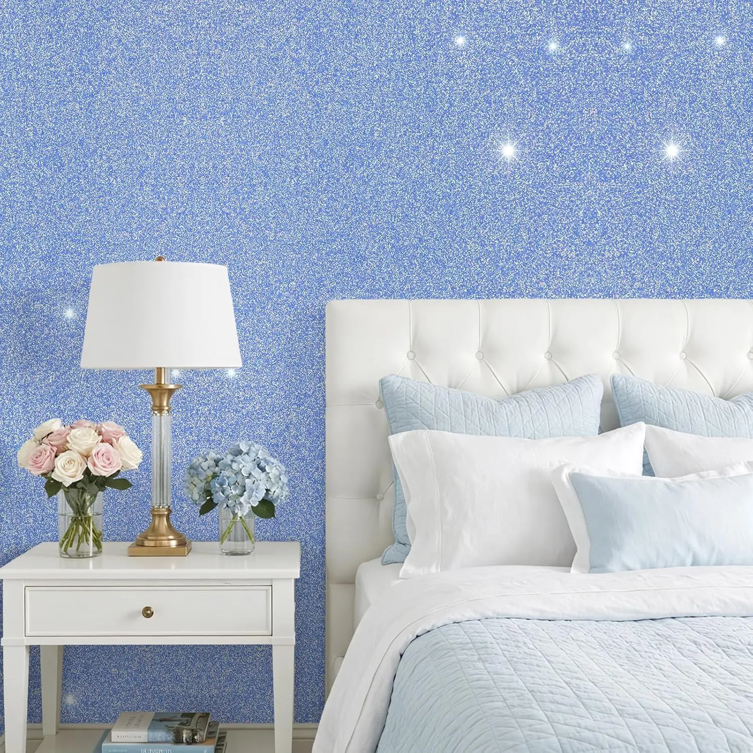 VEELIKE Periwinkle Blue Iridescent Glitter Wallpaper, 15.7''x118'' Peel and Stick Sparkly Blue Glitter Contact Paper for Cabinets Crafts, Thick Self Adhesive Shimmering Fabric Vinyl Room Wall Covering
