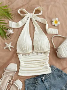 Women's Summer Fashion Beach Vacation Starfish Shell Ribbon Decor Knit Texture Fabric Halter Neck Top, Sleeveless, Stylish, Chic and Comfortable Clothing, Beachwear