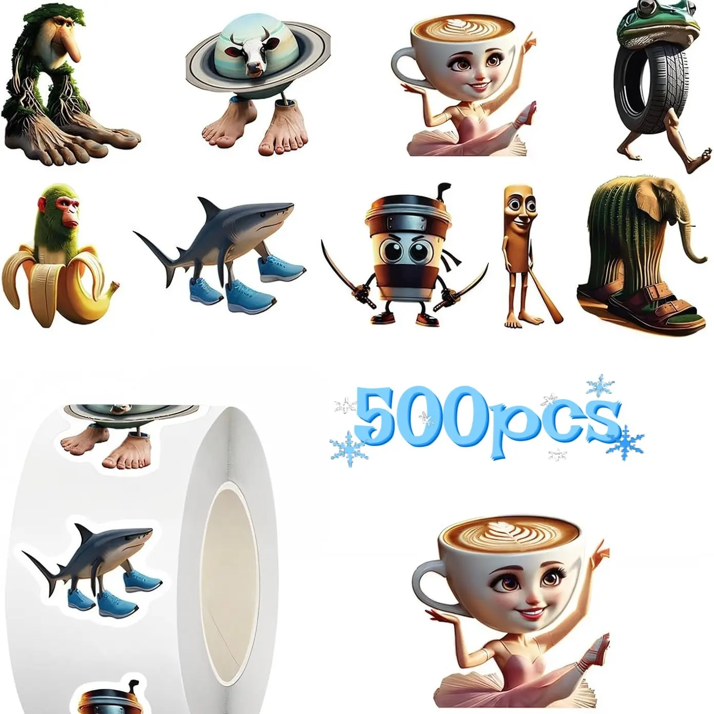 500PCS Small Brainrot Stickers Tung Tung Tung Sahur 1" Tall Tralalero Tralala Italian Brain Rot Sticker for Water Bottle, Laptops, Kids Party Favors, Sticker Sheets, Sticker Packs, Sticker Set