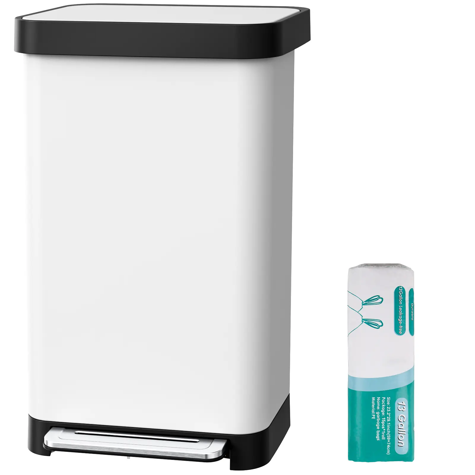Arlopu 50L/13.2Gal Stainless Steel Trash Can W/15 Inner Bags & Rear Trash Bag Storage Compartment, Kitchen Step Trash Can with Lid & Built-In Deodorizer Box, Garbage Bin W/ Foot Pedal & Soft-Close Lid homeessentials