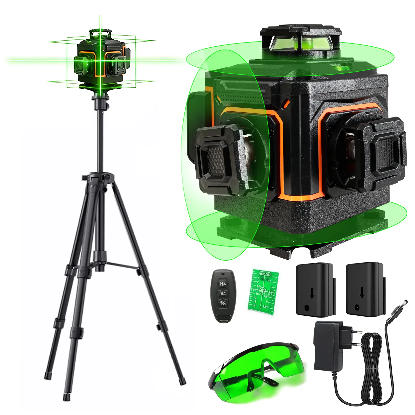 FirmOak Self-Levelling Laser Full Kit - 4D 4x360° Green Line Level Tool with Tripod Mount, 2 Lithium Batteries, Remote Control, Storage Box, IP54 Protection, Class 1 Rating for Hanging Pics, Home Renovation, Laser Level