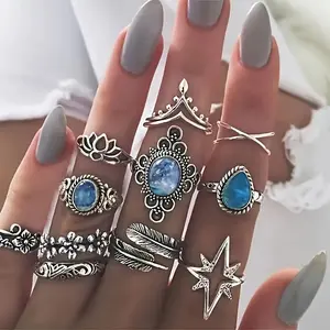 11-Piece Vintage Carved Starry Gemstone Combo Set Rings - Statement Jewelry for Women with Boho Chic Style, Unique Handcrafted Design, and Durable Construction
