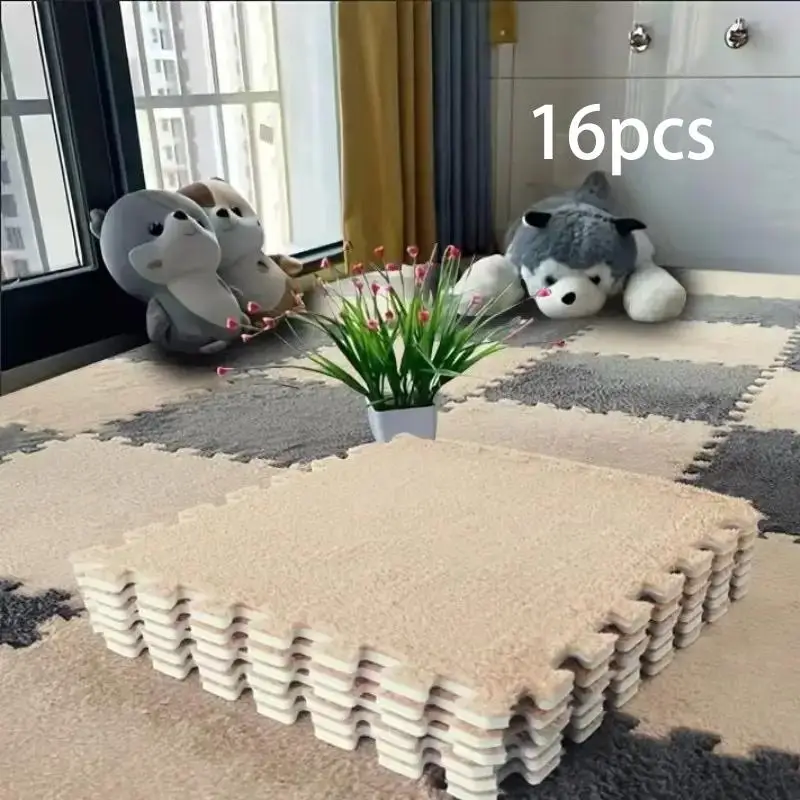 Soft Plush Puzzle Area Rug, 16pcs Square Interlocking Carpet Fluffy Area Rug, Floor Mat for Bedroom Living Room Game Room
