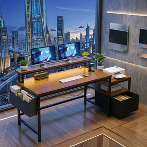 56.5 Inch Multifunctional Computer Desk,Ergonomic Dual Monitor Stand Gaming Writing Desk With USB Charging Port & Power Outlet,Storage Drawer Open Shelf Home Office Study Work Table With Printer Space