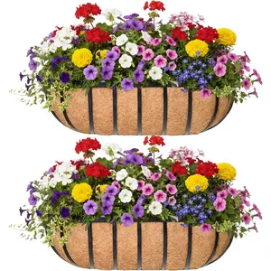 16" Window Box Railing Planter with Coco Liner Metal Wall-Mounted Coconut Liner Planter Basket English Horse Trough Planters for Outdoor Deck Balcony Porch Fence Patio Black (2 Pack)