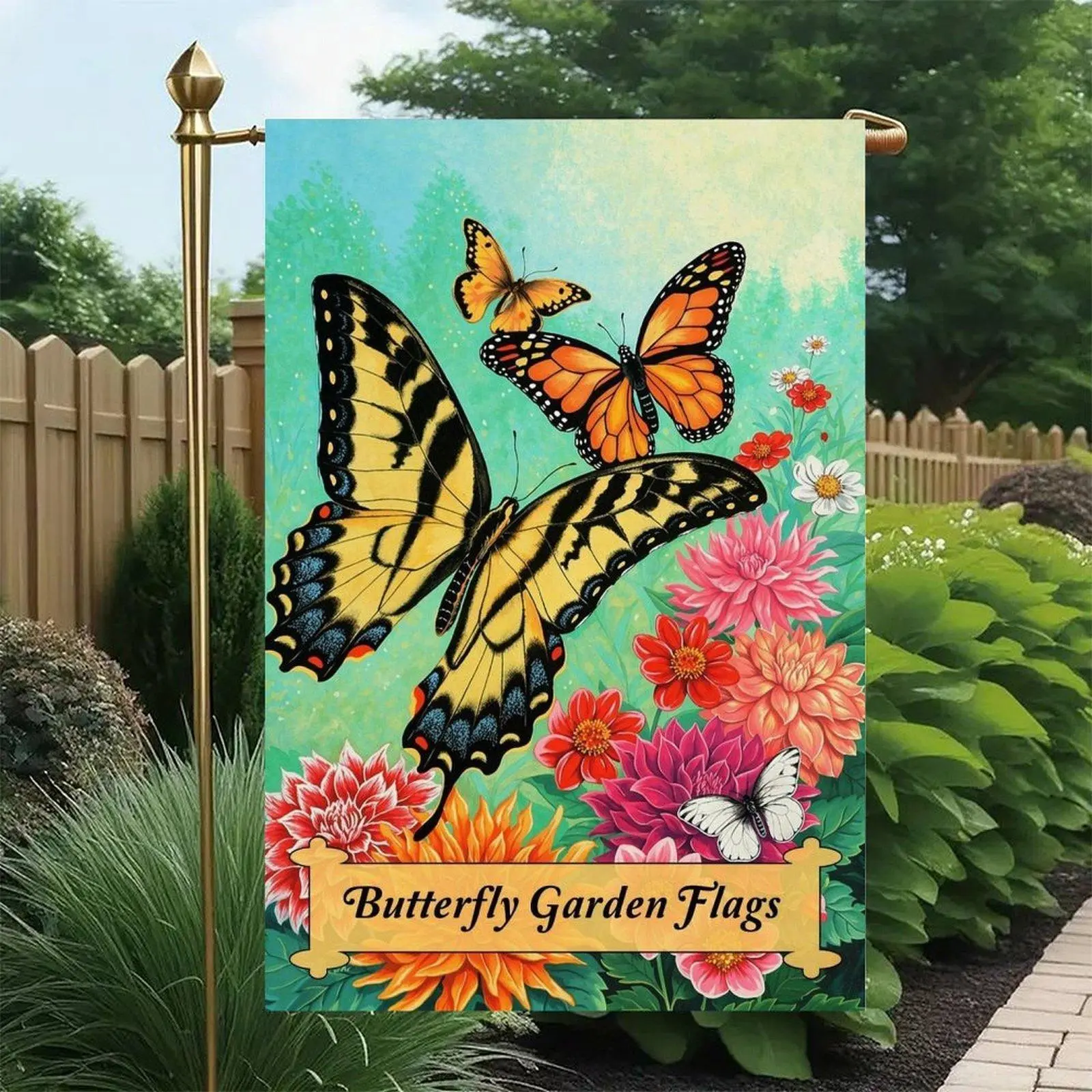 12*18in Vibrant Monarch Swallowtail Butterfly Dahlia Floral Garden Flag Double Sided Colorful Nature Yard Banner Front Porch Decor