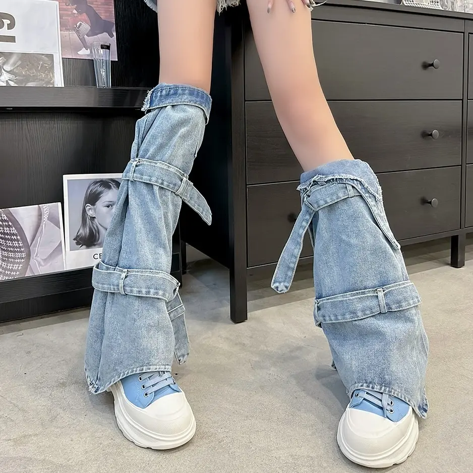 Y2K Baddie Washed Denim Leg Warmers Tie-Up Design Stackable lrregular Calf Subculture Niche Unique Fashion Sleeves Style