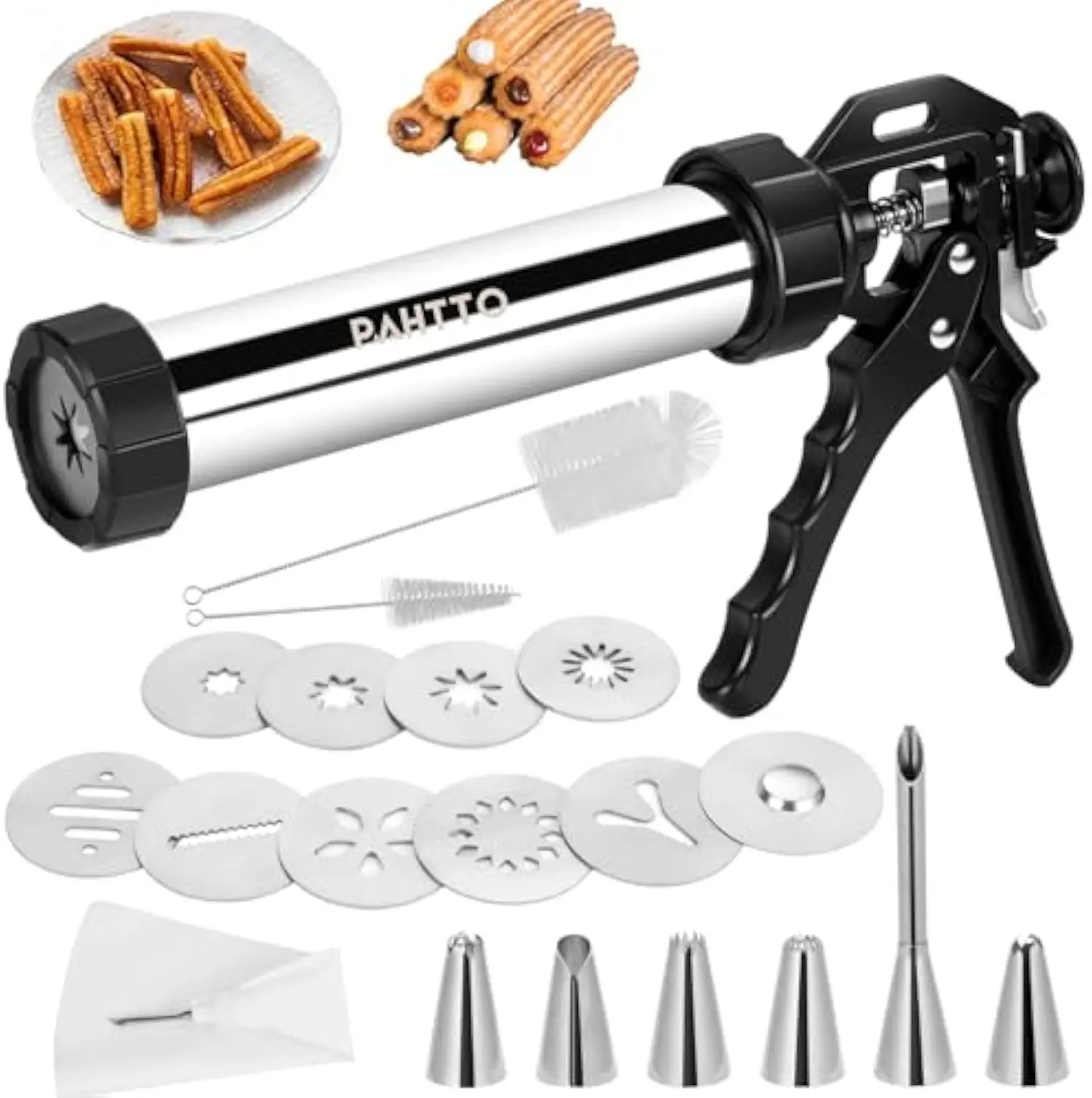 Churro Maker Machine, Stainless Steel Churros Gun Kit, Hollow Churro, Durable, Piping Bag, Churro Filler, 6 Piping Nozzles and 9 Cookie Discs, Easy to Clean with 2 brushes, Cookie Maker Machine Bakeware Kitchen Traditional Pastry