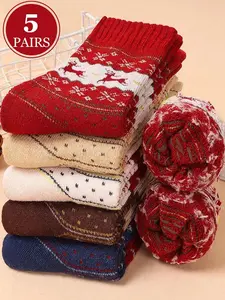 5 Pairs of Cozy Reindeer Print Mid-Calf Socks, Warm Thick Christmas Socks for Women, Festive Animal Design, Socks Set