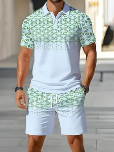Men's Summer Casual Matching Set, Short Sleeve Polo Shirt with Shorts, Blue Geometric Pattern, Comfortable Breathable Sporty, Menswear