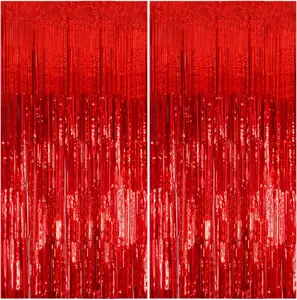 2 Pack Foil Curtain Backdrop Red Metallic Tinsel Foil Fringe Curtains Photo Booth Props for Mothers Day Birthday Wedding Engagement Baby Shower Bachelorette Christmas,Valentines Day  Holiday Celebration Party Decorations