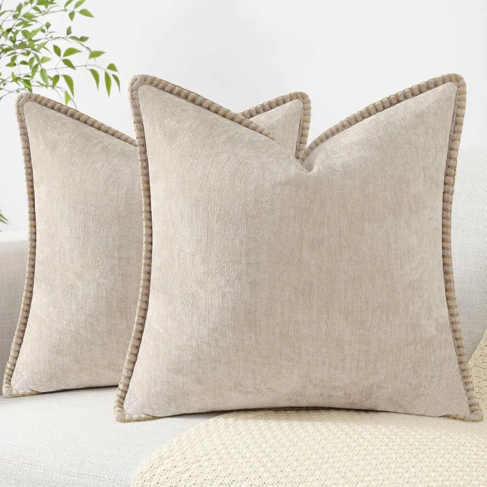 Chenille Pillow Cushion Covers 18x18 Set of 2, Beige Velvet Neutral Modern Decorative Pillow Covers with Stitched Edge for Indoor Couch Bed Home Festive Decorations, Chenille Cushion Covers