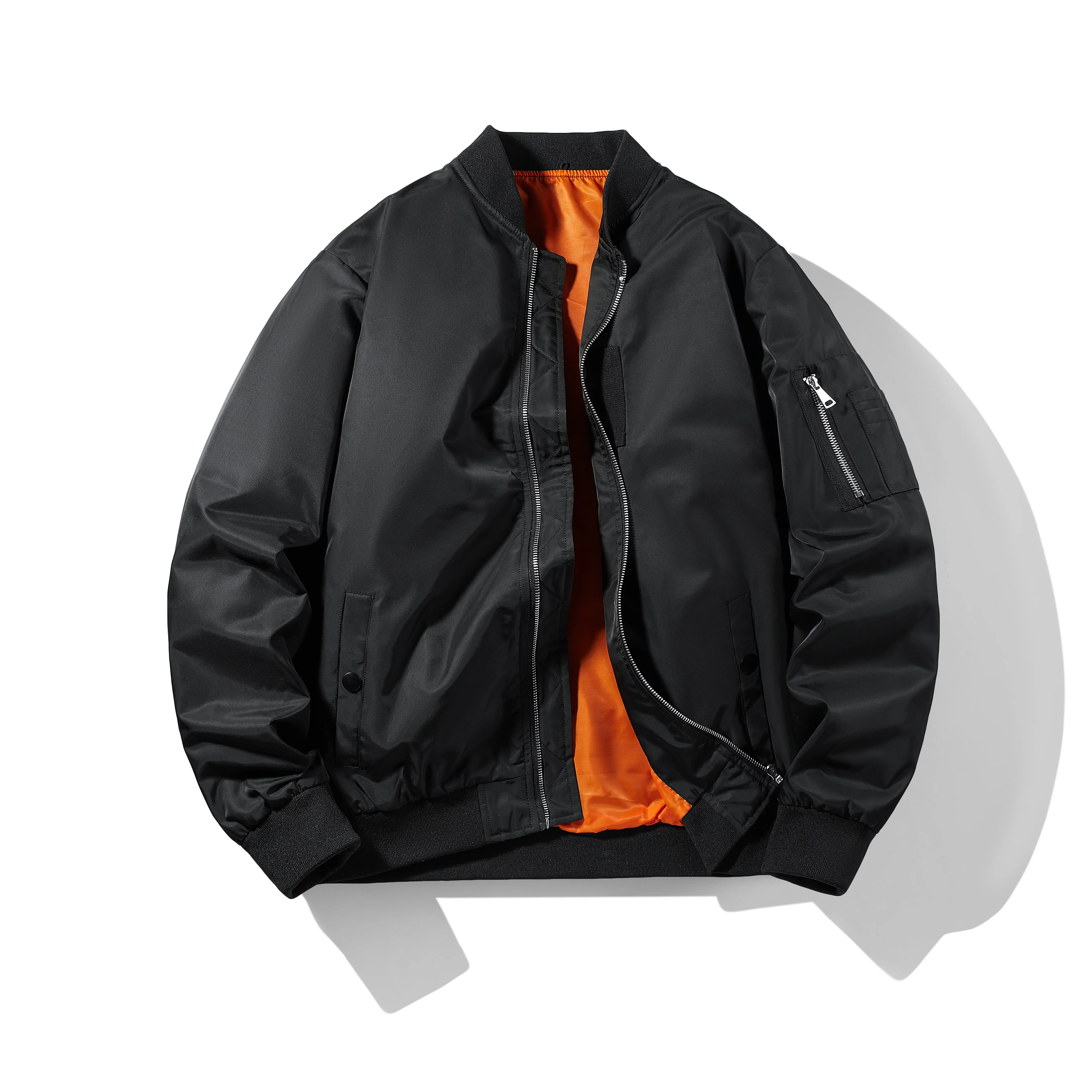 Men's Plain Stylish MA-1 Bomber Jacket - Menswear Tops, Classic Jackets & Coats, Sporty Militarita Lightweight Military Retro Outerwear, Polyester Zip-Up Baseball Collar Coat with Orange Contrast Liner, Arm Pocket for Casual Streetwear