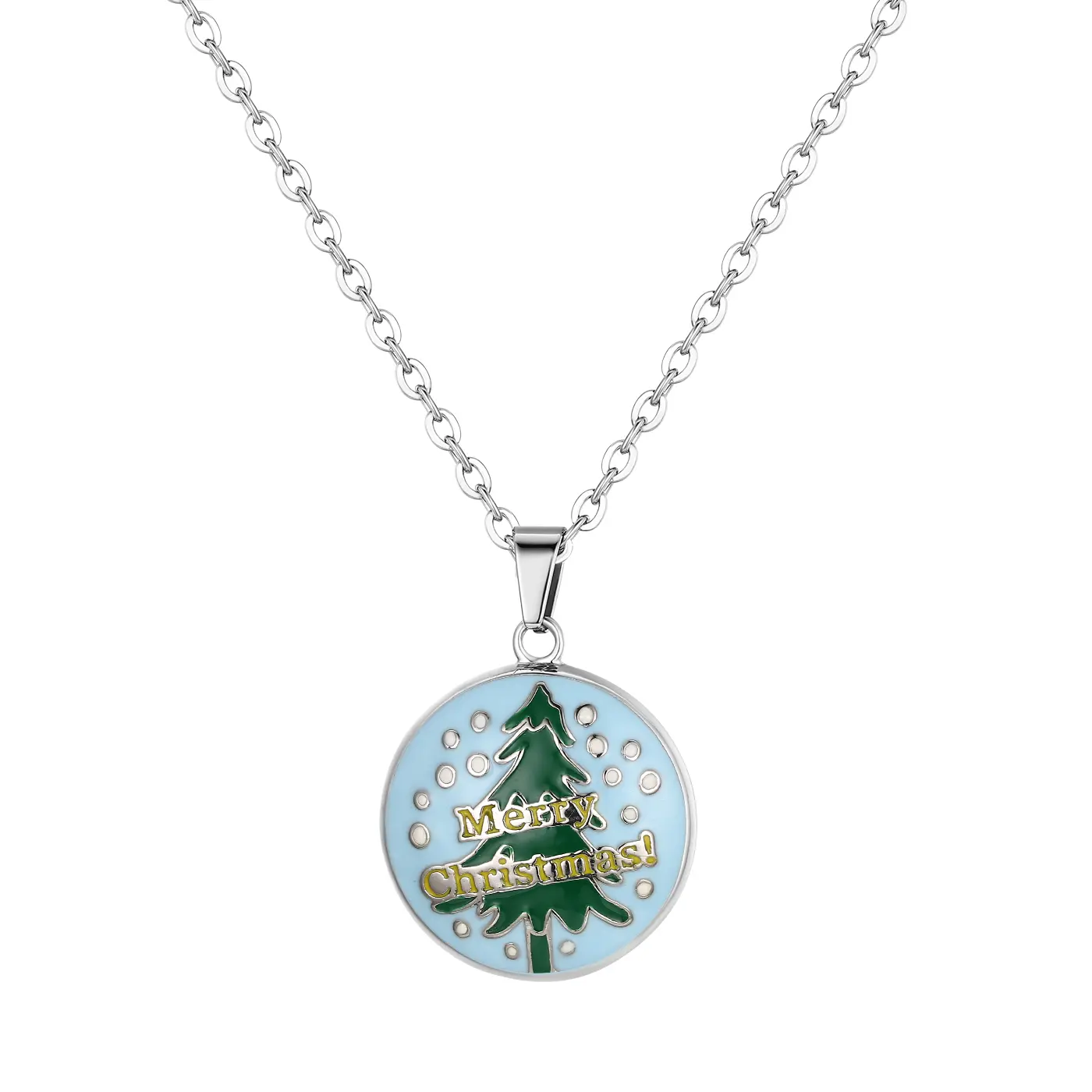 OIDEA Unisex Christmas Tree Pendant Necklace - Festive Stainless Steel-O-Link Chain, Enamel, Resin Accent, Long Length, No Excessive Decor, Playful Look, Silver-Tone, Wearable Size, Holiday Gift Jewelry